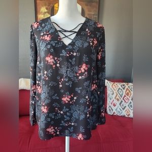 Meraki Size Small Black, blue, pink and white floral light weight blouse